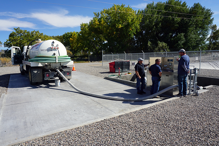A septic hauler offloads at a Portalogic DS-25 Septage Receiving Station in Montrose, CO.