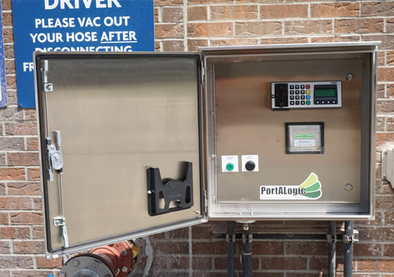 A Portalogic FS-20 water fill station with card reader and thermal printer